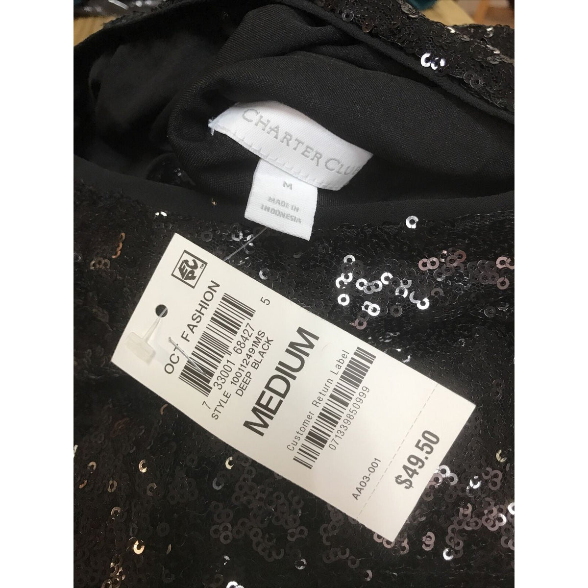 Charter Club Sequined Tank Top Sleeveless Round Neck Deep Black Medium NWT