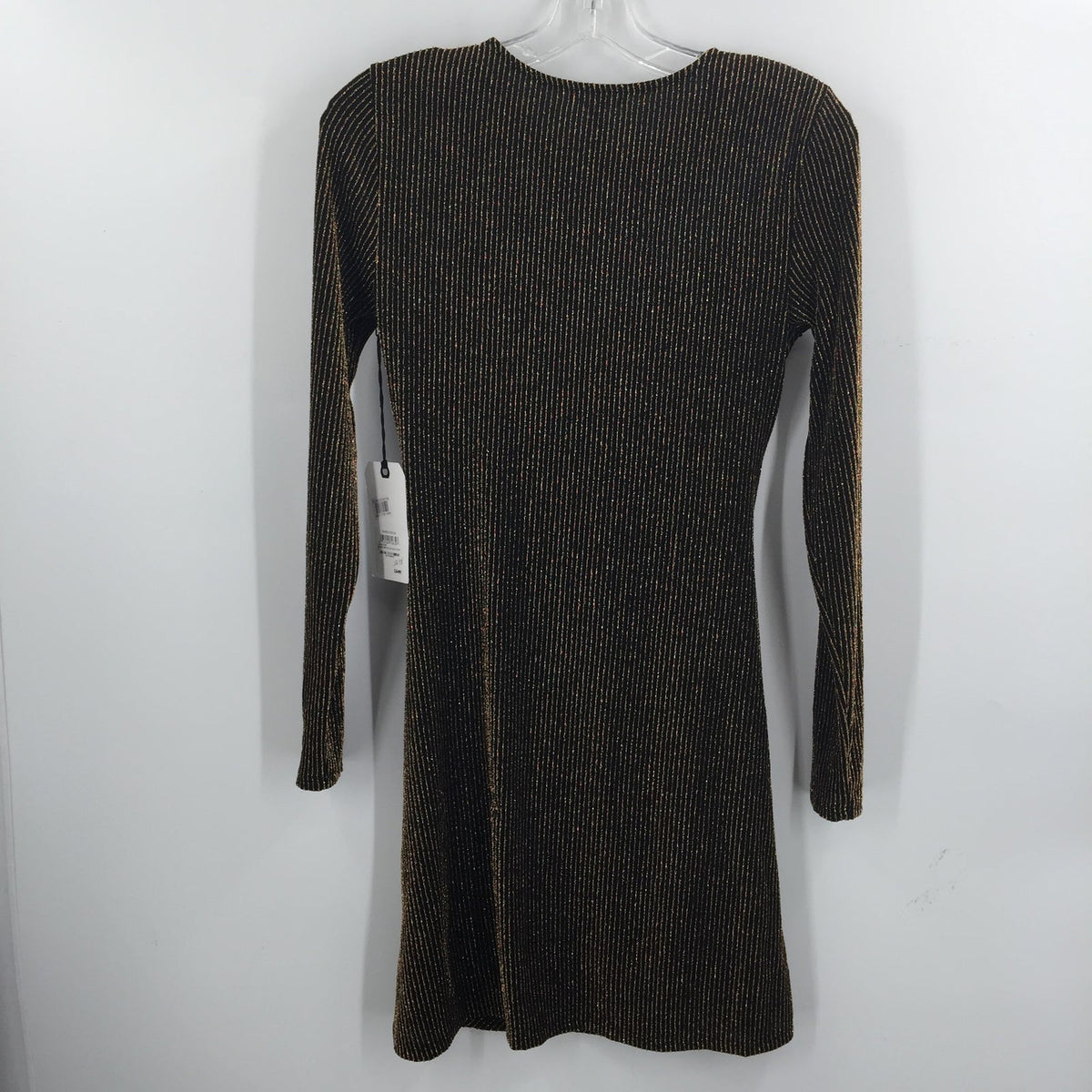 Leith Faux Wrap Mini Dress Long Sleeve Striped Black Metallic Gold Small SPARKLE