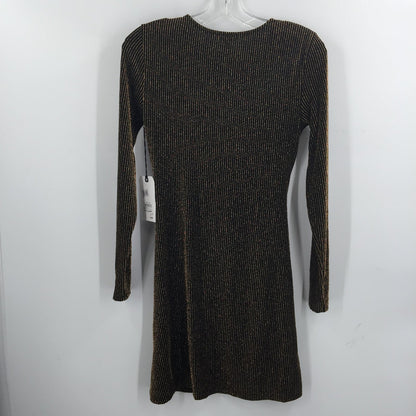 Leith Faux Wrap Mini Dress Long Sleeve Striped Black Metallic Gold Small SPARKLE