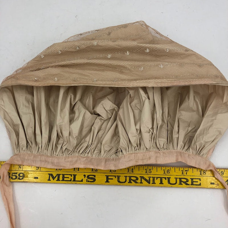 Vintage 1950's Hair Bonnet Vinyl w/ Metallic Mesh Overlay Neck Tie Curlers NUDE
