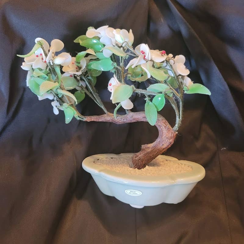 Vintage Chinese Jade-ite Dogwood Sakura Bonsai Tree Glass