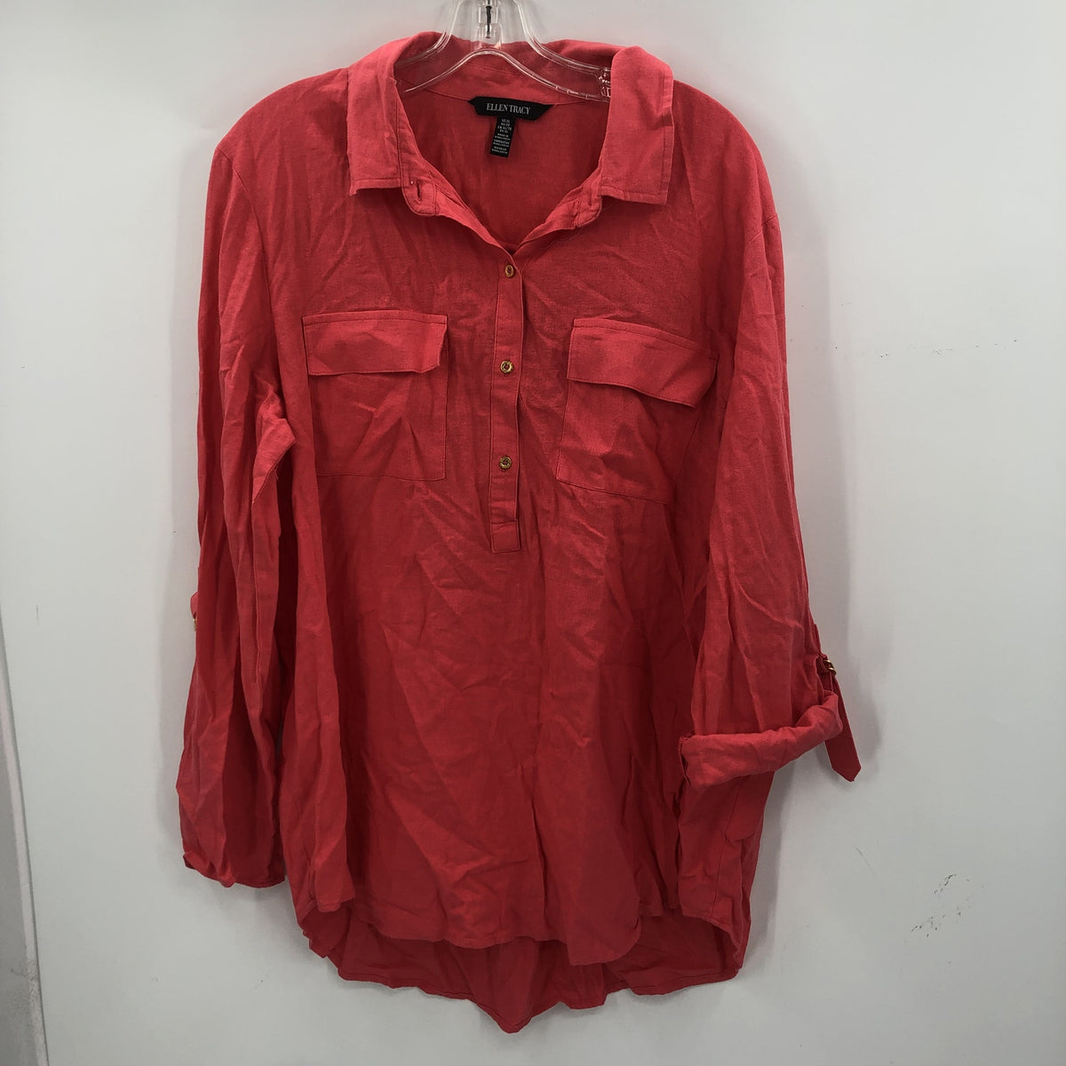Eleen Tracy Women's Front Button Detail Blouse Top Roll Tab Sleeves Red X-Large
