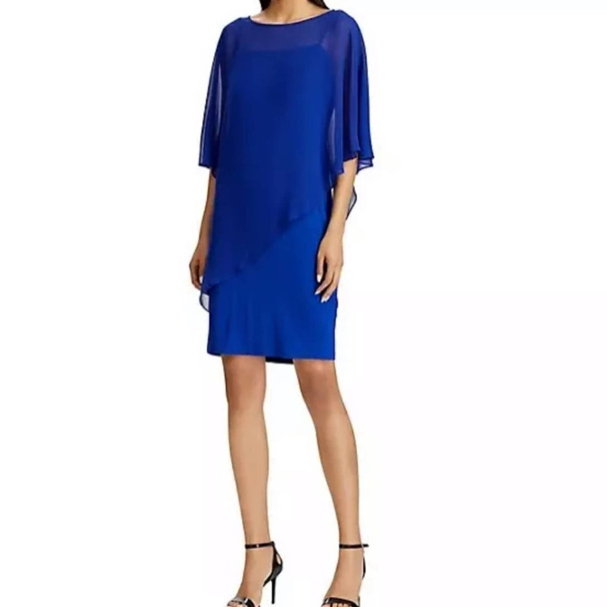 Ralph Lauren Blue Chiffon Removable Cape Jersey Shift Dress Lightweight cocktail