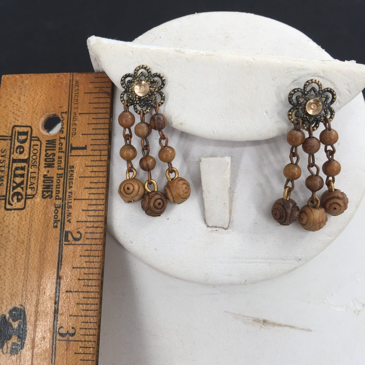 Vintage Wooden Beaded Flower Wire Dangle Post Earring Costume Jewelry