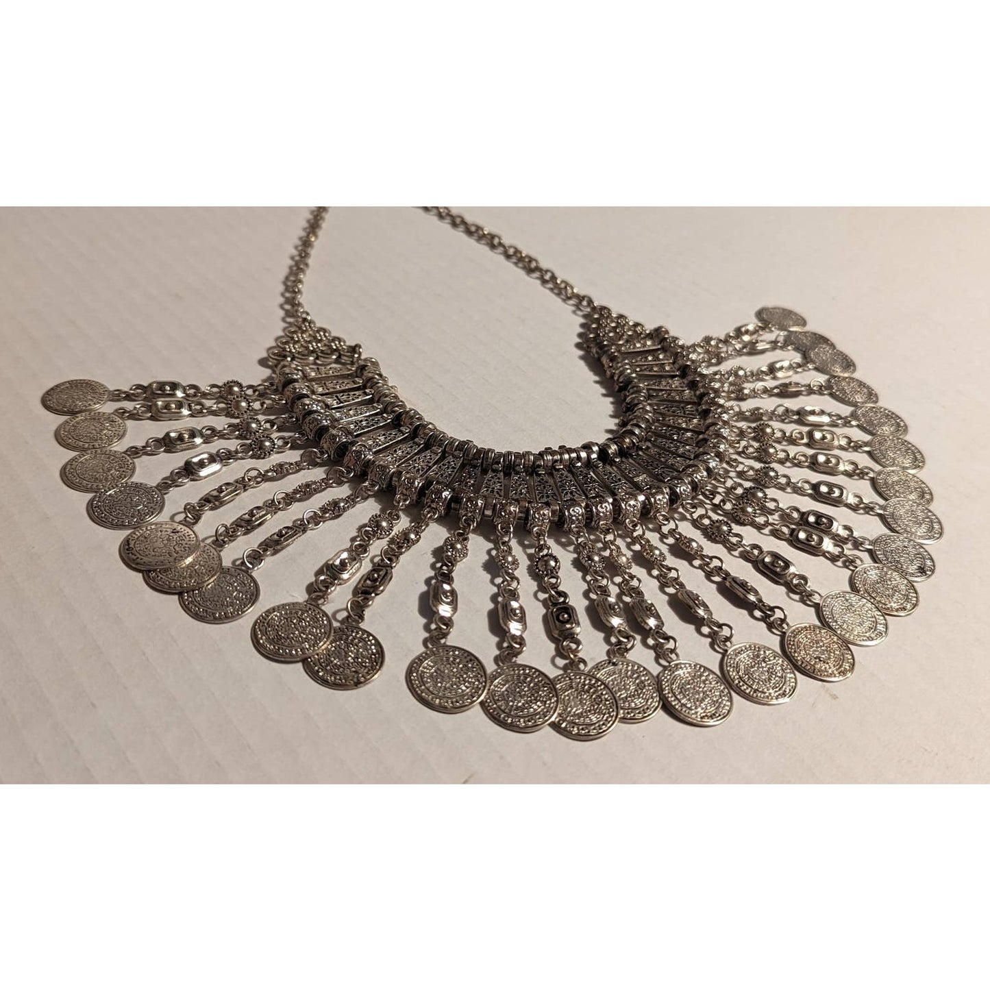 Vintage Ethnic Boho Jewelry SilverTone Metal Patina Coin Chandelier Necklace