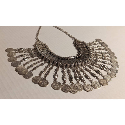 Vintage Ethnic Boho Jewelry SilverTone Metal Patina Coin Chandelier Necklace