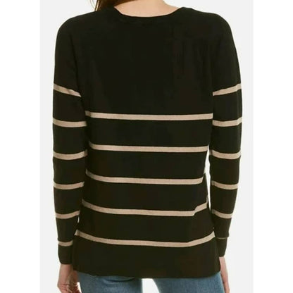 Bobeau V-Neck Front Seam Striped Pullover Top XL/Extra Large Black Oatmeal NWT