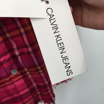 Calvin Klein Jeans Button Up Shirt Extra Large/XL 16 Raspberry Plaid NWT Raw Hem