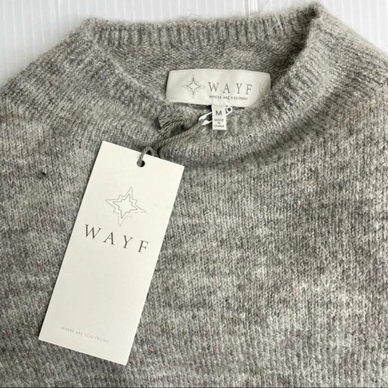 WAYF Tie Waist Mock Neck Pullover Knit Sweater Size Medium Light Grey NWT