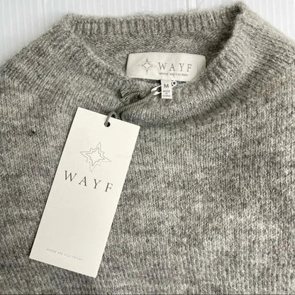WAYF Tie Waist Mock Neck Pullover Knit Sweater Size Medium Light Grey NWT