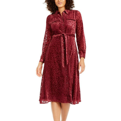 Alfani Velvet Burnout Belt Shirt dress Malbec Wine Size 16 Long Sleeve NEW $130