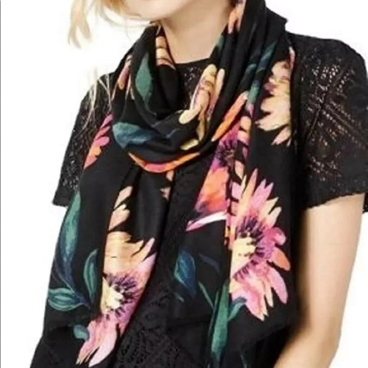 INC Brushed Flowers Pashmina One Size Scarf Black NEW wrap floral