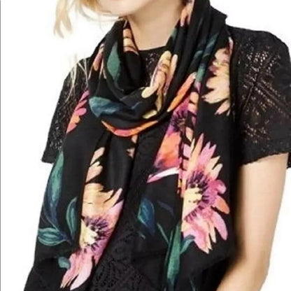INC Brushed Flowers Pashmina One Size Scarf Black NEW wrap floral