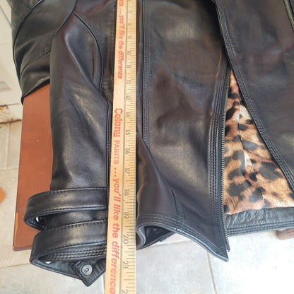 Cache Womens Large Leather Moto Jacket Coat Cheetah Print Lined Full Zip black