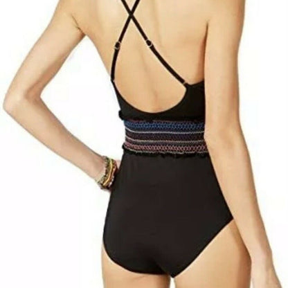 Bar III Smocked Plunging Neck One Piece Swimsuit Size Large