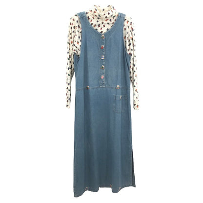 Christmas Holiday Denim Jean Dress Button Long Sleeve top White/Blue Large Blue