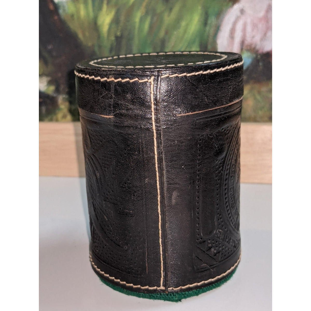 Vintage travel Game Dice Cup Leather Carved Brown Green Lining w Casino Die