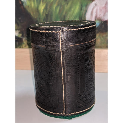 Vintage travel Game Dice Cup Leather Carved Brown Green Lining w Casino Die