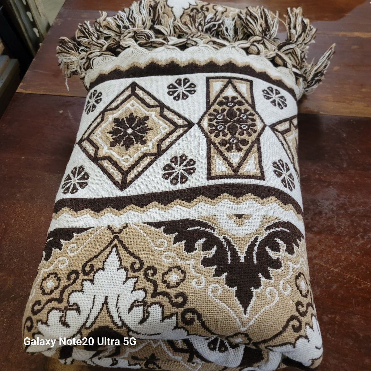 Blanket artisan 88"x90" Brown Cream Tassel Diamond Woven boho tribal Thick Queen
