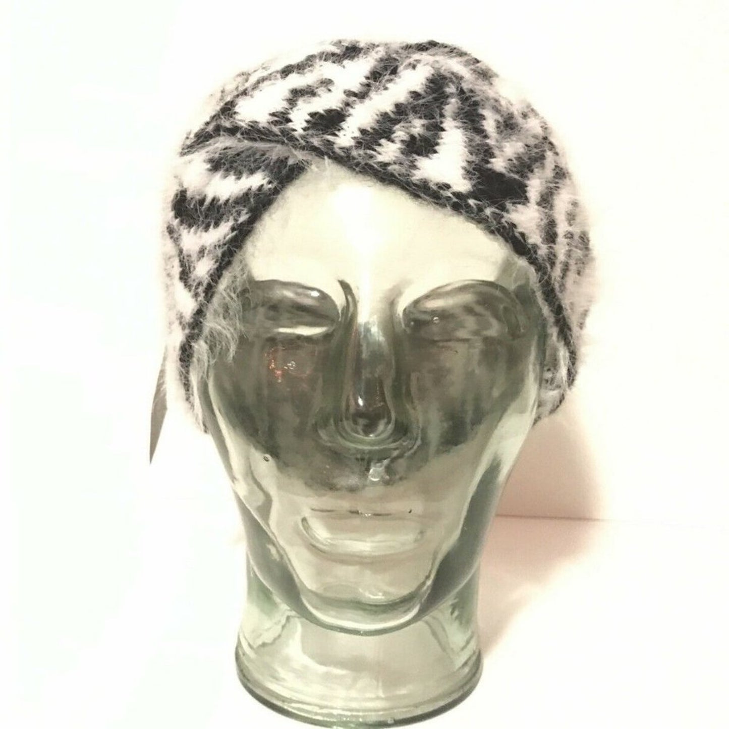 New DKNY Animal Zebra Print Front Twist Headband Ear Warmer Fuzzy Black White