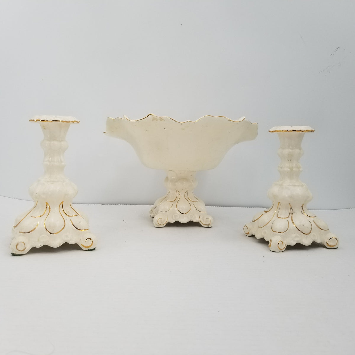Holland Mold 1950 Fruit Compote Bowl Candlesticks 3 Pc. Centerpiece Gold Regency