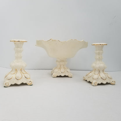 Holland Mold 1950 Fruit Compote Bowl Candlesticks 3 Pc. Centerpiece Gold Regency