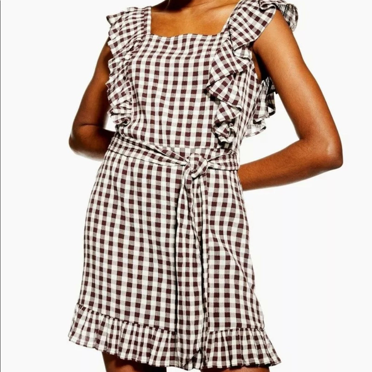 Topshop Brown White Gingham Plaid Ruffle Dress 12
