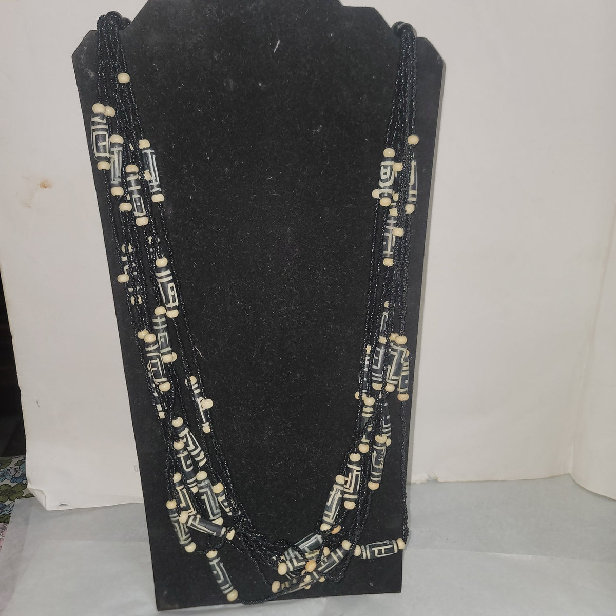 Vintage Black White Ethnic Multi Tier Beaded Necklace Costume Jewelry Fashion