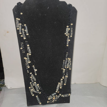 Vintage Black White Ethnic Multi Tier Beaded Necklace Costume Jewelry Fashion