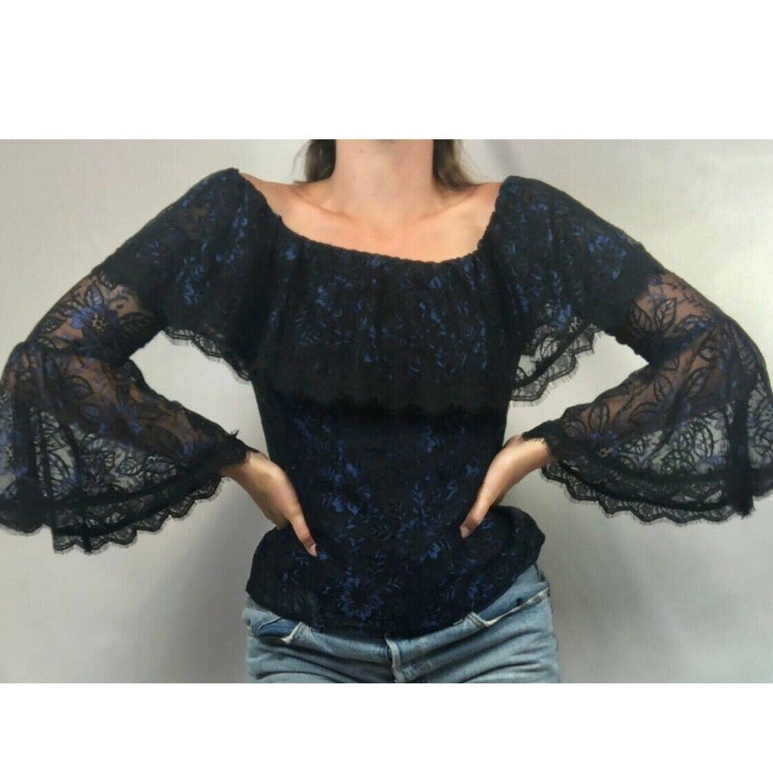 NWT White House Black Market Blue Lace Off the Shoulder Bell Sleeve Top Blouse