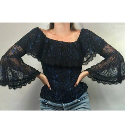 NWT White House Black Market Blue Lace Off the Shoulder Bell Sleeve Top Blouse
