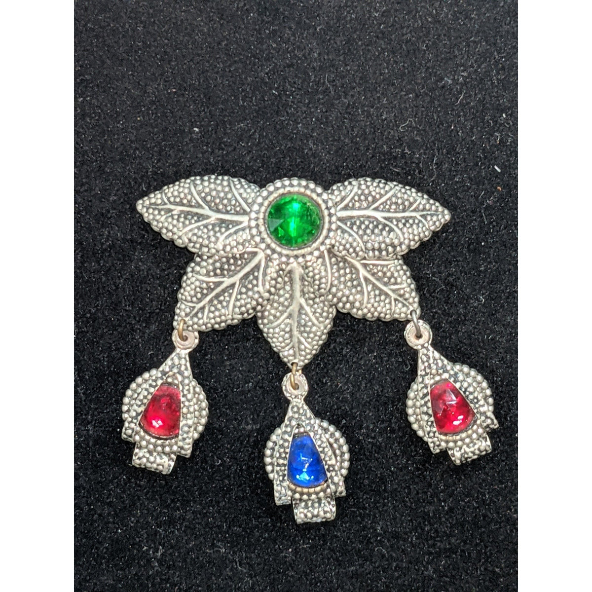 3tier silvertone bejeweled green red blue stones dangle brooch Pin Revival Leaf