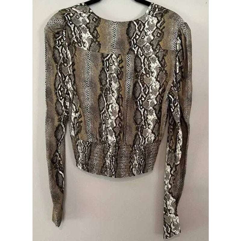 AFRM Top Women Extra Large/XL Snake Print NEW Crop Faux Wrap V-Neck Puff Sleeves