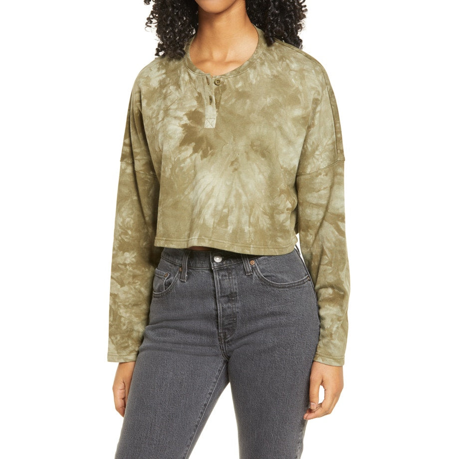 bp. Tie Dye Crop Henley Shirt Crew Neck Long Sleeve Green Size Small NWT