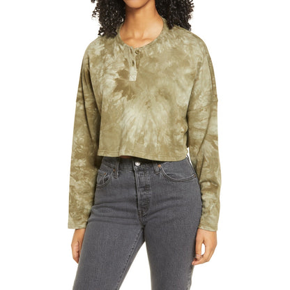 bp. Tie Dye Crop Henley Shirt Crew Neck Long Sleeve Green Size Small NWT