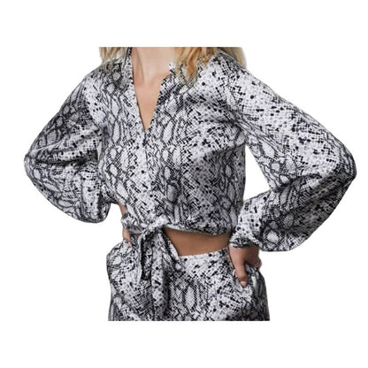 Good American Tie Front Crop Python Print V-Neck Blouse Sz 2 Black/White NWT