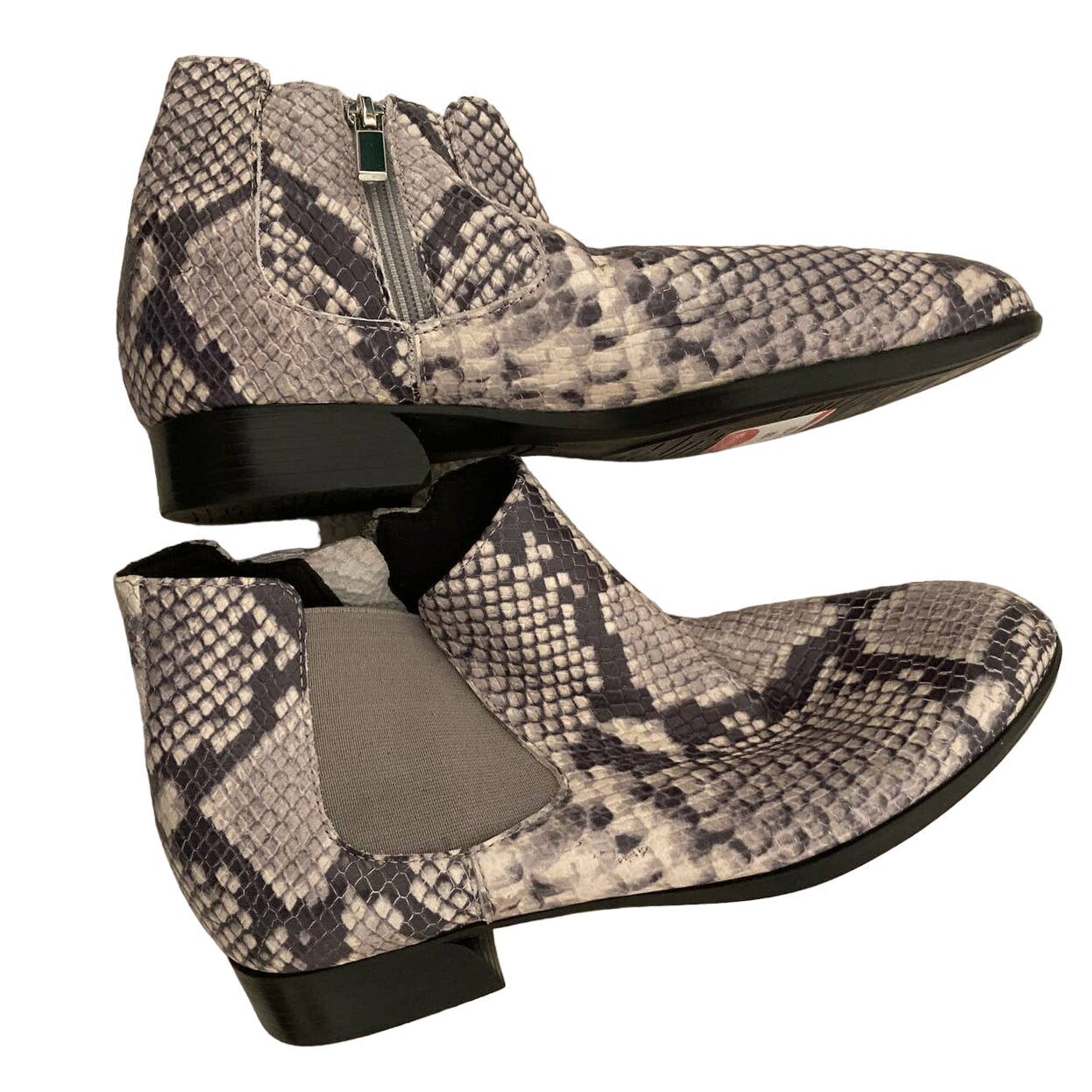 Munro faux Snakeskin Print Cate Side Zip Leather Ankle Booties 7M Grey Black NWT