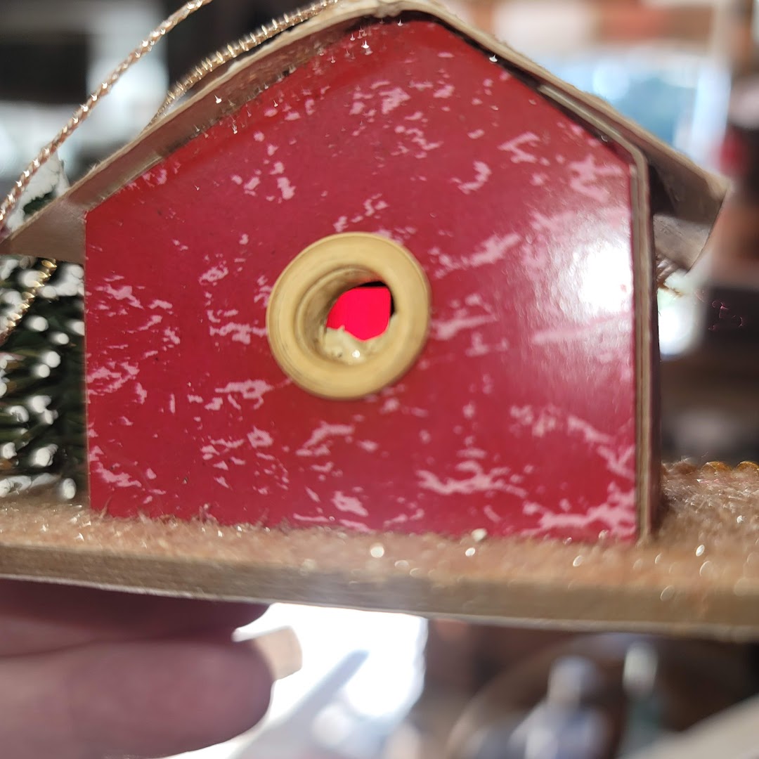 Vintage Christmas Putz house Cardboard Mica Red House with tree Ornament