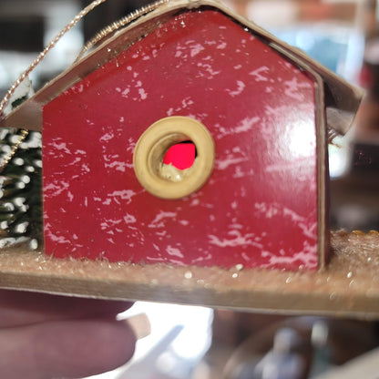 Vintage Christmas Putz house Cardboard Mica Red House with tree Ornament