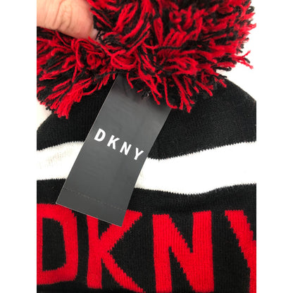 DKNY Women's Logo Stadium Beanie With PomPom Red/black hat Warmer
