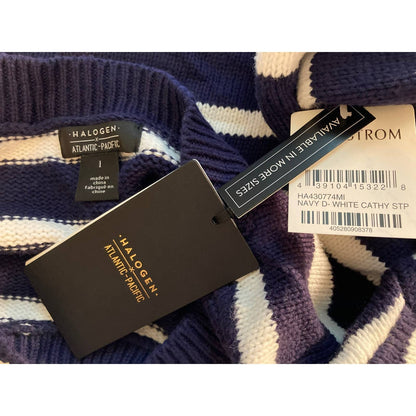 Halogen X Atlantic-Pacific Crew Sweater Sz Large Navy/White Cathy Stripes NWT