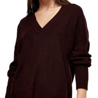 Topshop NWT Burgundy Wool V-Neck Ribbed Sweater US 4-6 Oversized Sweater SMALL