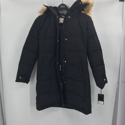 Nine West Faux Fur Trim Hooded Parka Coat Jacket Long Sleeve Black Size Small