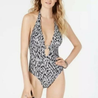 MICHAEL Michael Kors Frozen Chain-Ring Halter-Top One-Piece Swimsuit Size 10 NEW