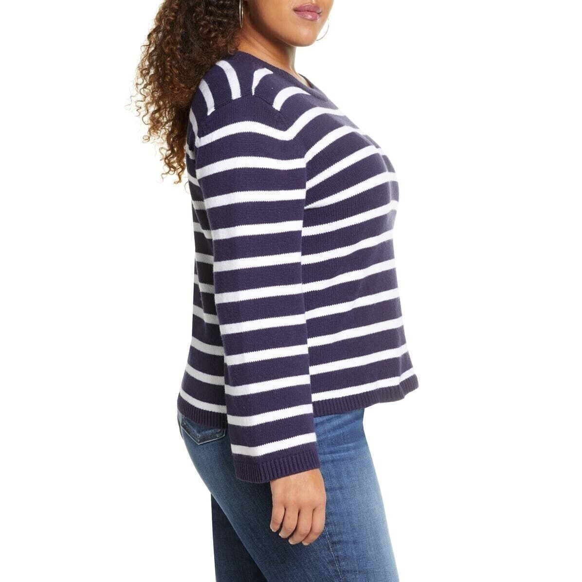 Halogen X Atlantic-Pacific Crew Sweater Sz Large Navy/White Cathy Stripes NWT