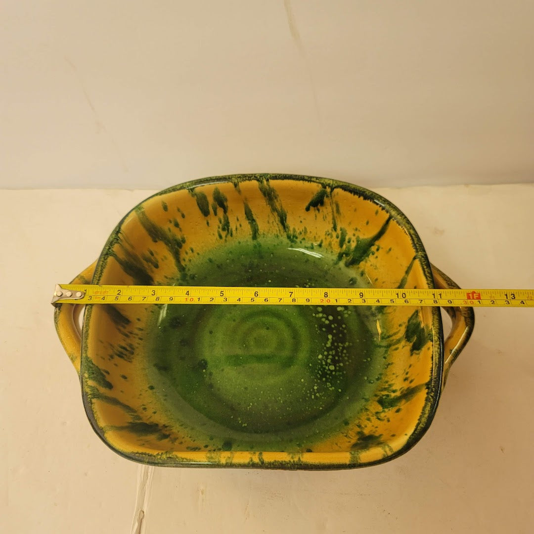 VINTAGE Majolica Art Pottery Italian Serving Bowl yellow green Drip Glaze Italy