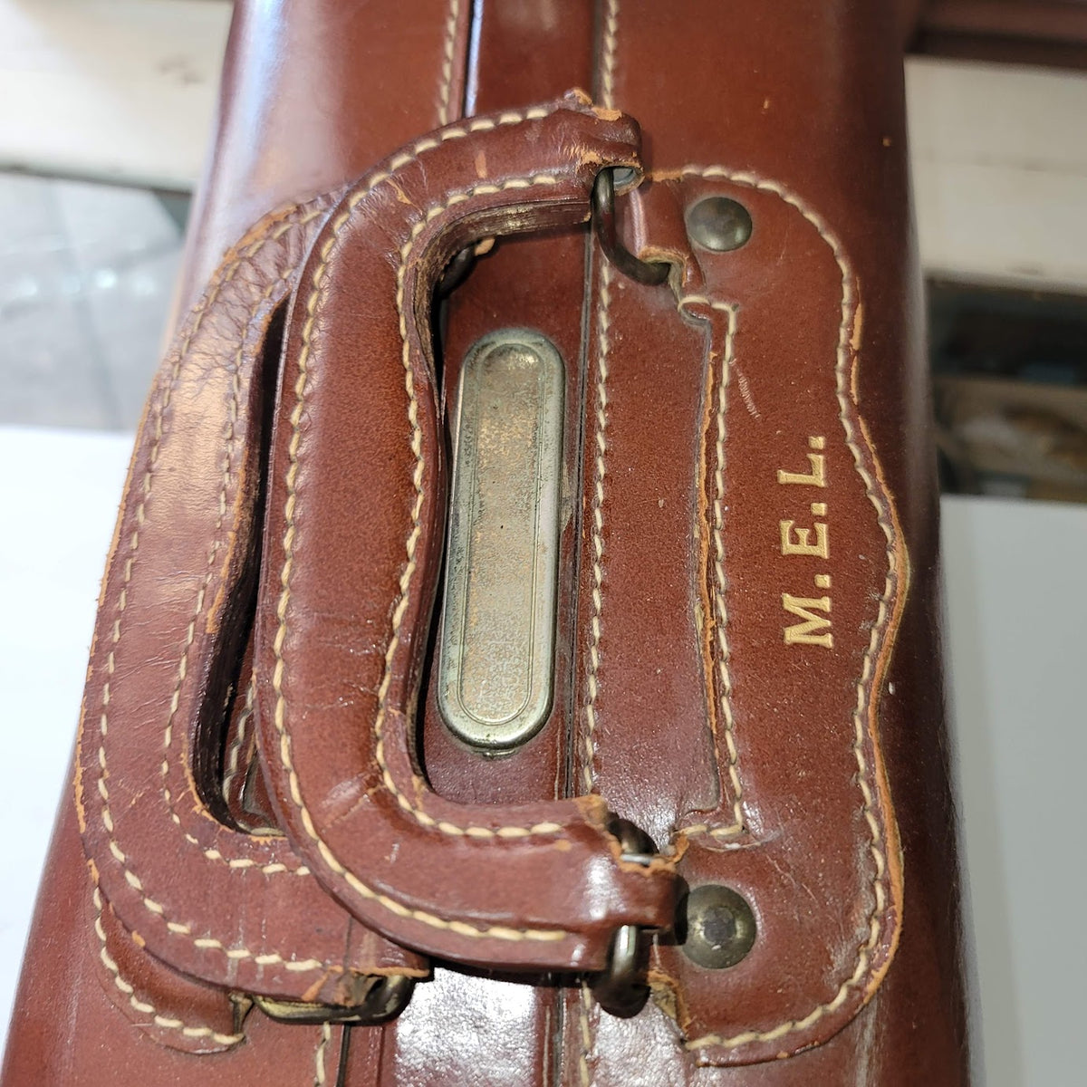 Leather suitcase briefcase VINTAGE handles Brown/tan stiitching 1940s
