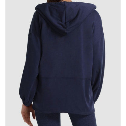 Halston Studio Zip Front Long Sleeve Drawstring Hoodie Sz Large in Navy Blue NWT
