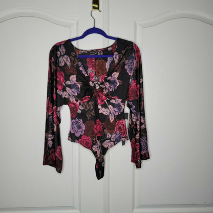 Guess Thong Bodysuit Top Blouse Kimono Sleeves Floral Jazzi Printed Black Size XL