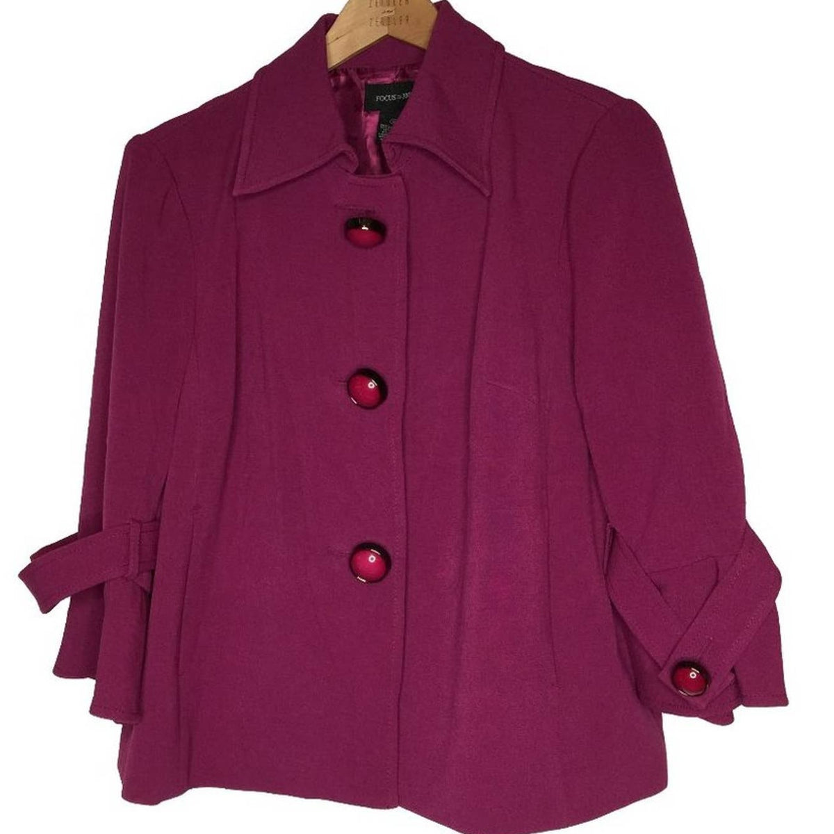 Focus Jacket Coat 3 LARGE Buttons 3/4 Sleeve VINTAGE Purple Sz 12 Big Cuffs